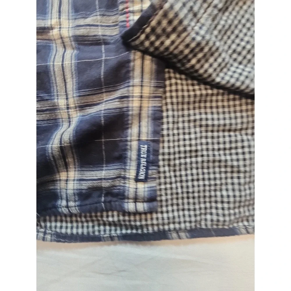 True Religion Mens Western Shirt  Slim Fit Size XL Plaid Dark Blue